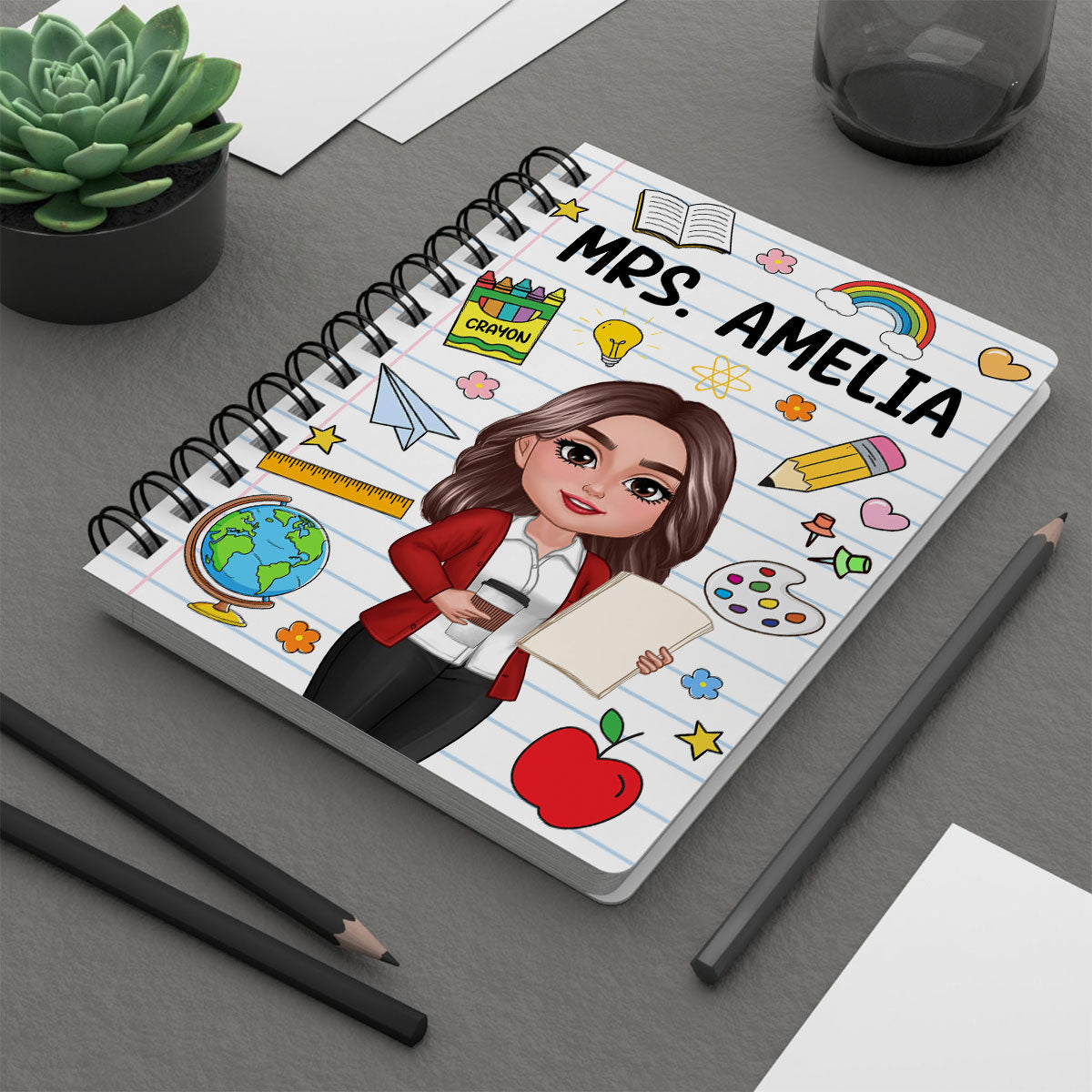 School Things Notebook Page Teacher Name Personalized Spiral Notebook Journal, Back To School Stationery