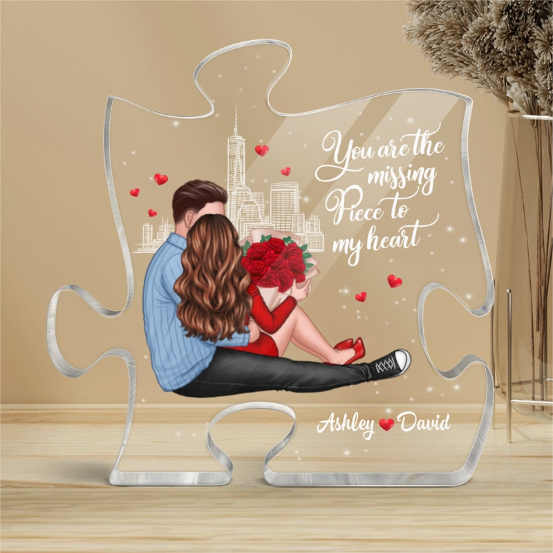Missing Piece Embracing Sitting Couple Valentine‘s Day Gift - Gift For Him, Gift For Her - Personalized Puzzle Acrylic Plaque