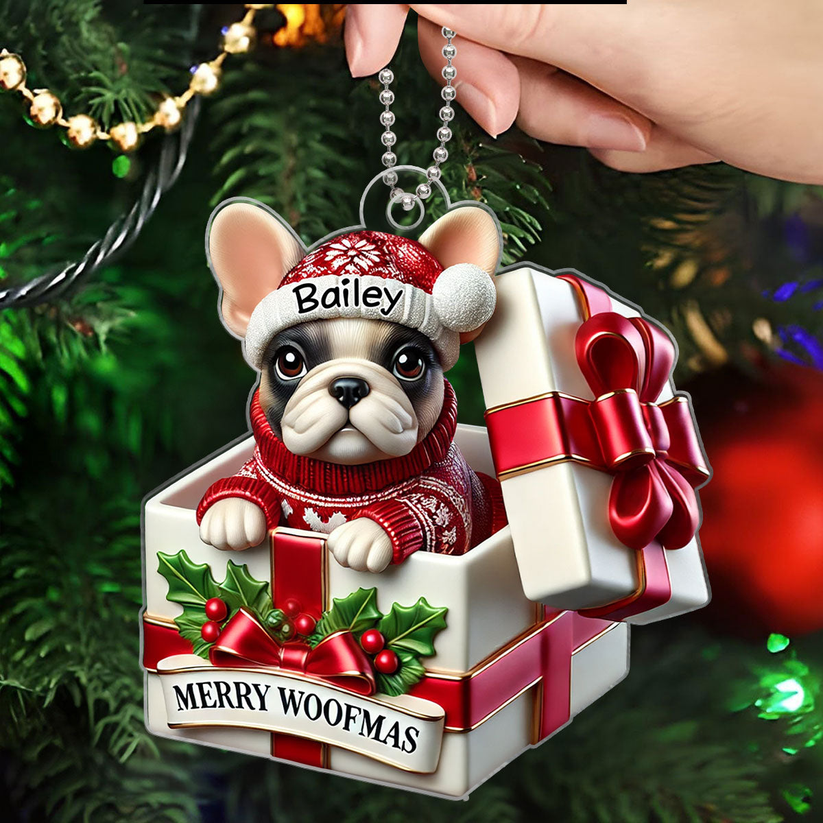 Cute Frenchie Inside Red Gift Box Personalized 2D Flat Acrylic Ornament, Christmas Gift for Dog Lovers