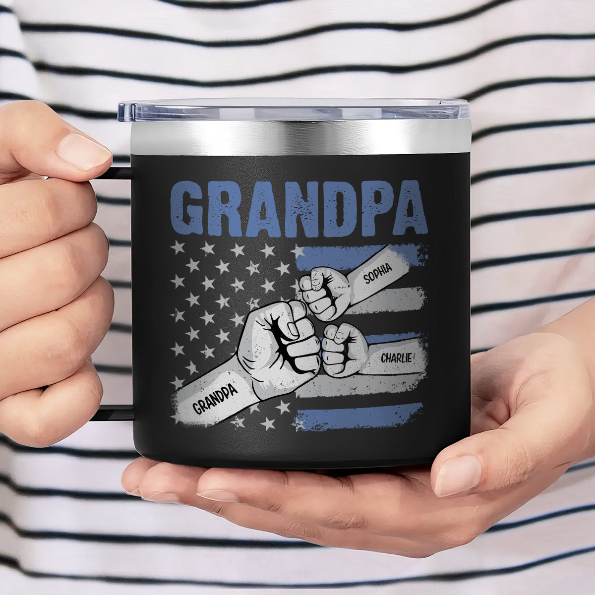Grandpa Fist Bump Nation Flag Personalized Stainless Steel Tumbler With Handle, Birthday Gift For Grandpa, Father's Day Gift or Just Because