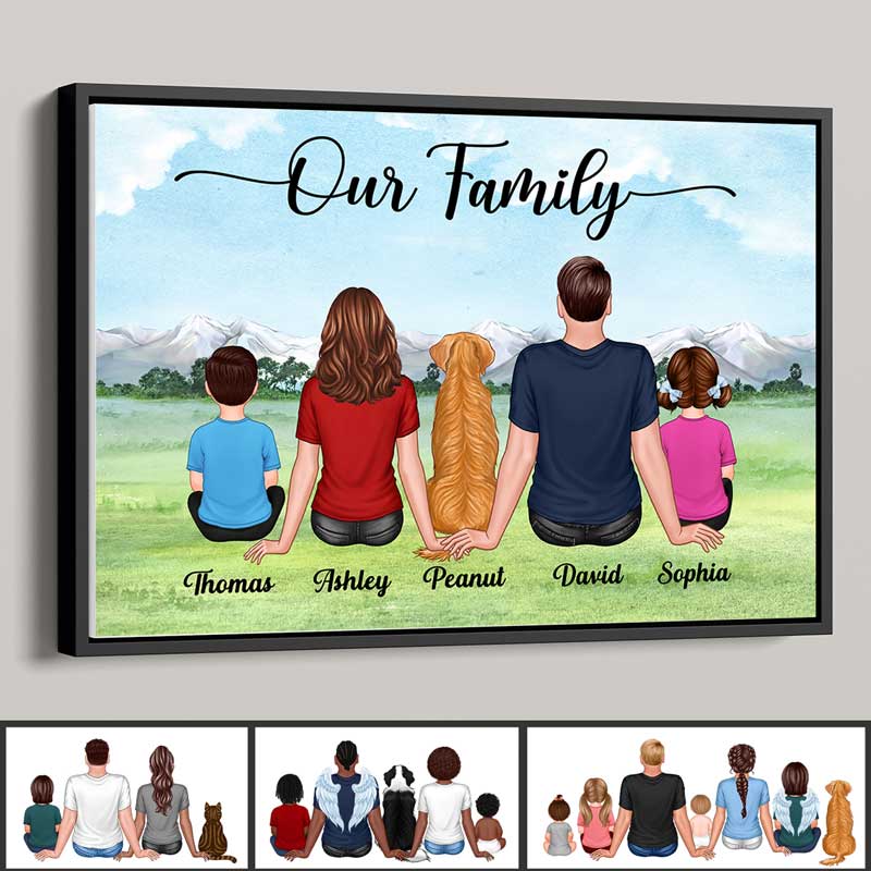 Our Family Couple Kid Dog Cat Back View Sitting On Grass Personalized Horizontal Poster