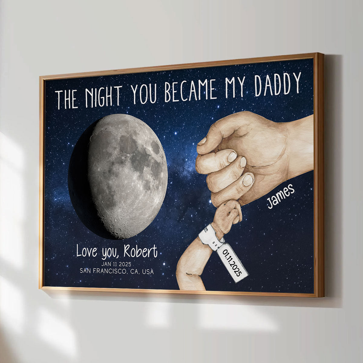 Daddy Newborn Holding Hands Moon Phase Art Personalized Poster, Gift For New Dad, First Time Dad