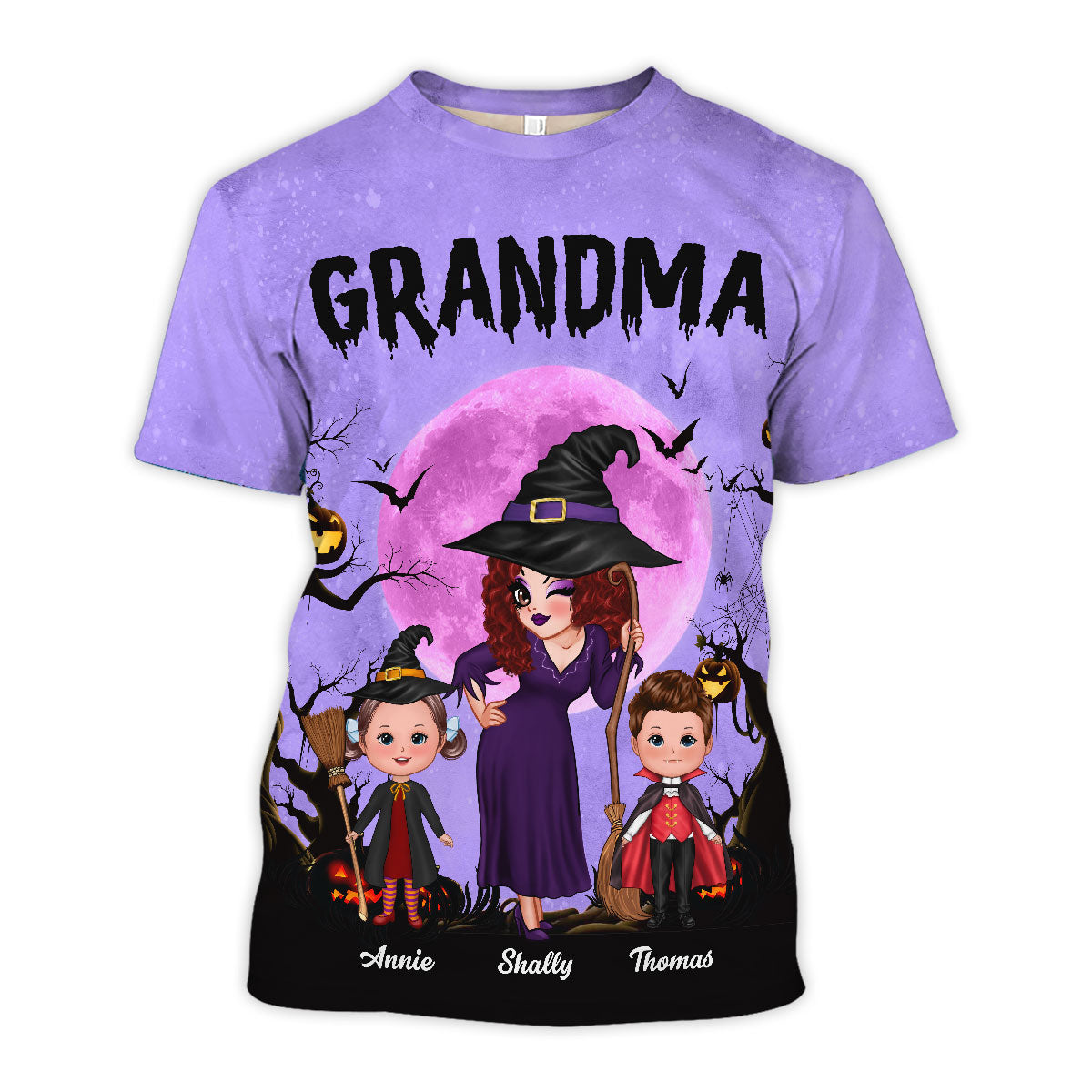 Pretty Grandma Witch & Kids Moon Bat Tree - Personalized 3D Shirt