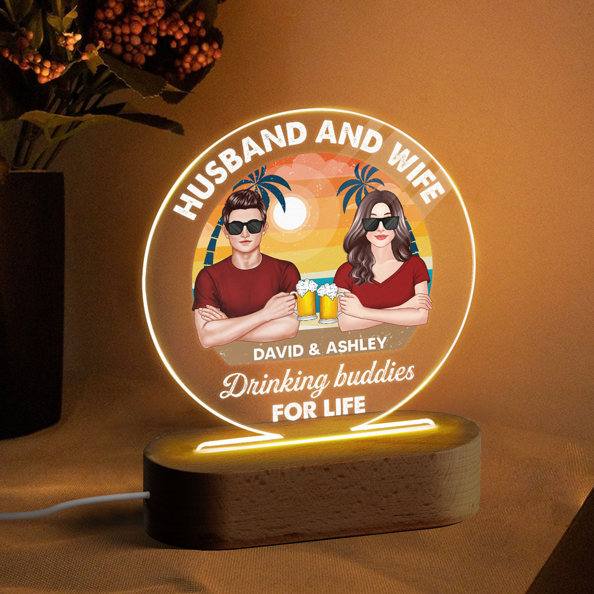 Drinking Couple Annoying Each Other Personalized Circle LED Night Light, Acrylic LED Lamp, Gift For Him, Gift For Her
