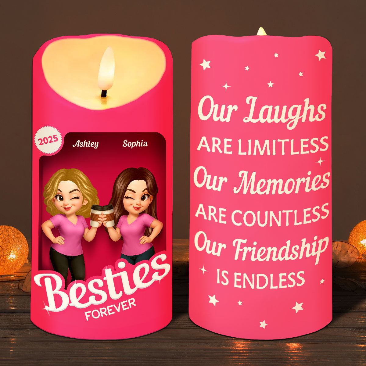 Pink Besties Our Friendship Is Endless Christmas Personalized LED Candle
