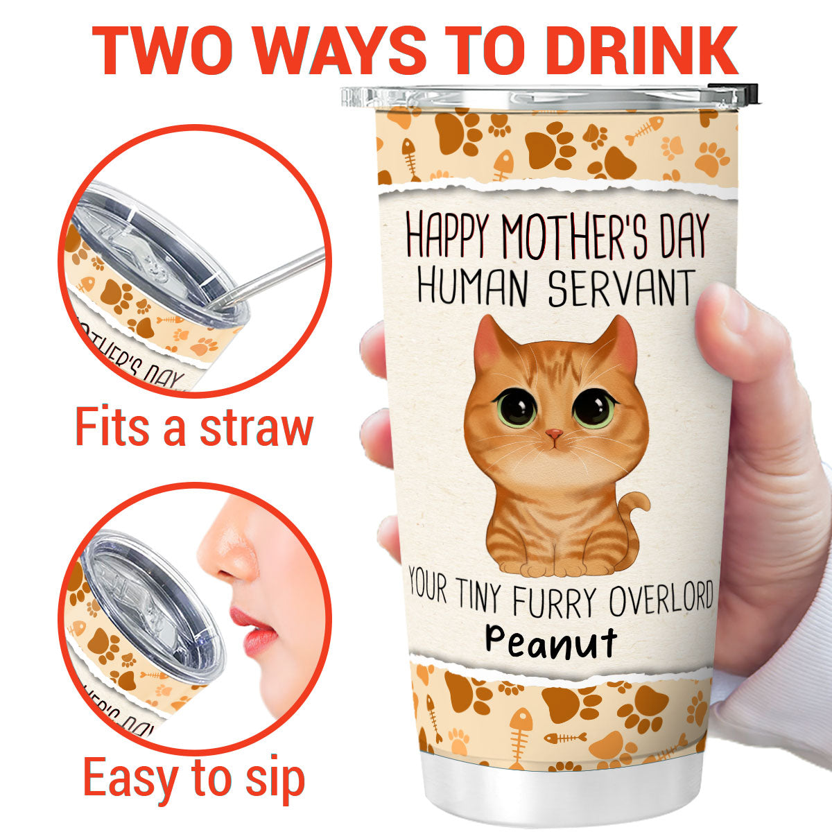 Watercolor Cute Cats Happy Mother‘s Day Cat Human Servant Personalized Tumbler