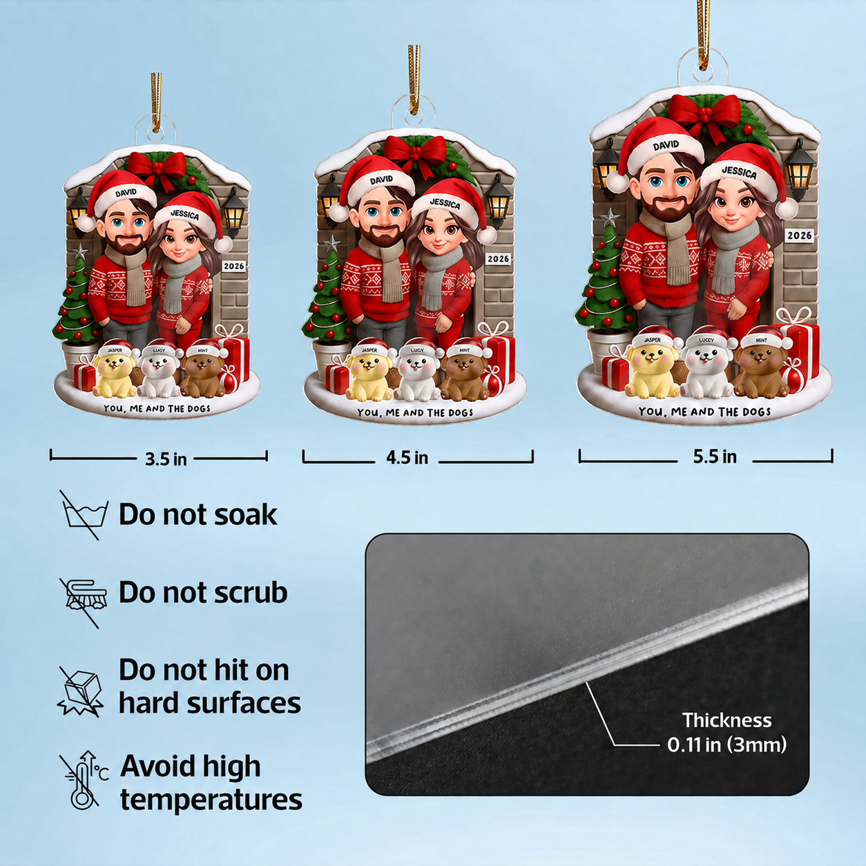 Joyful Couple And Dogs Cats Christmas - Personalized Acrylic Ornament