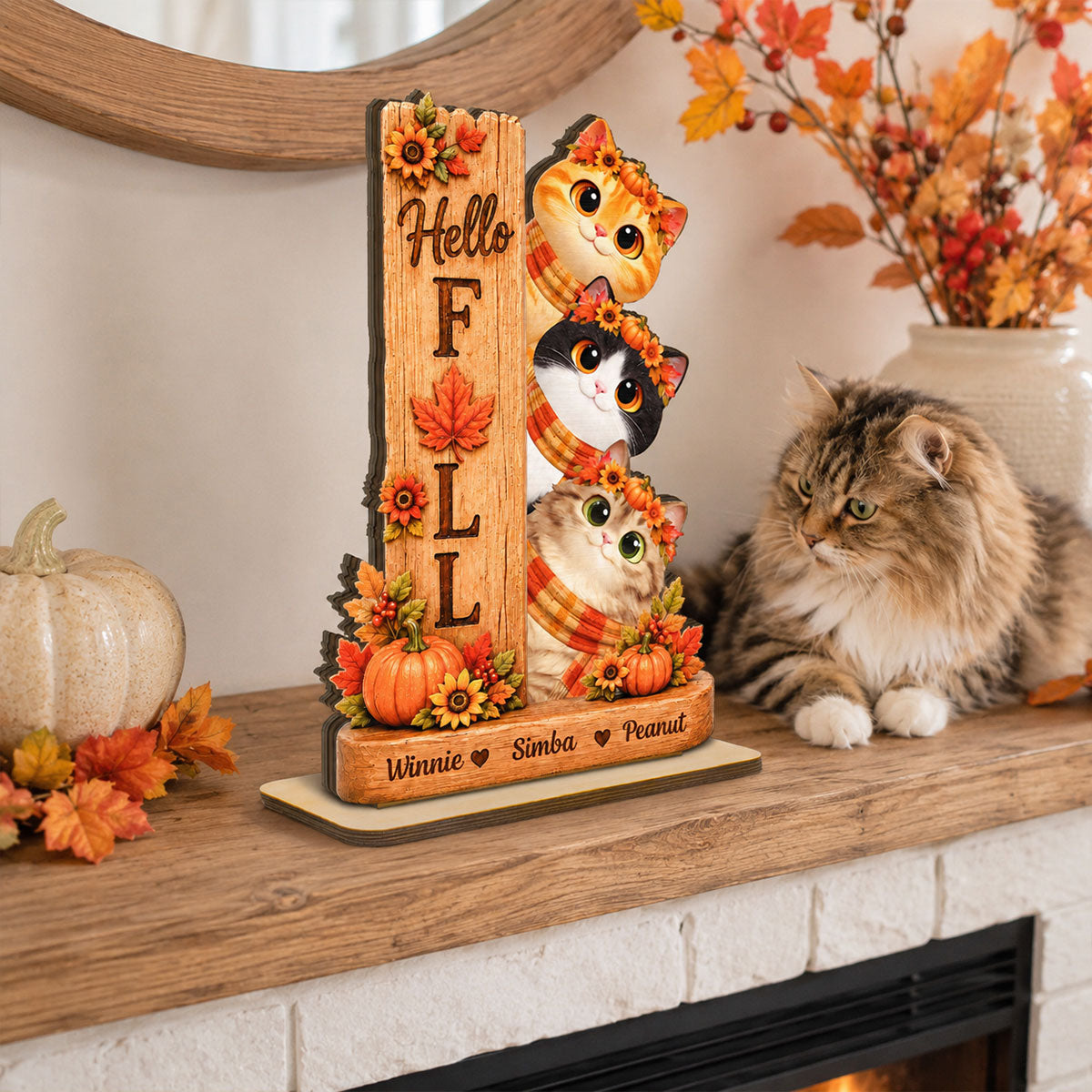 Hello Fall Cats 2D Flat - Personalized Wooden Plaque - Fall Season Decoration
