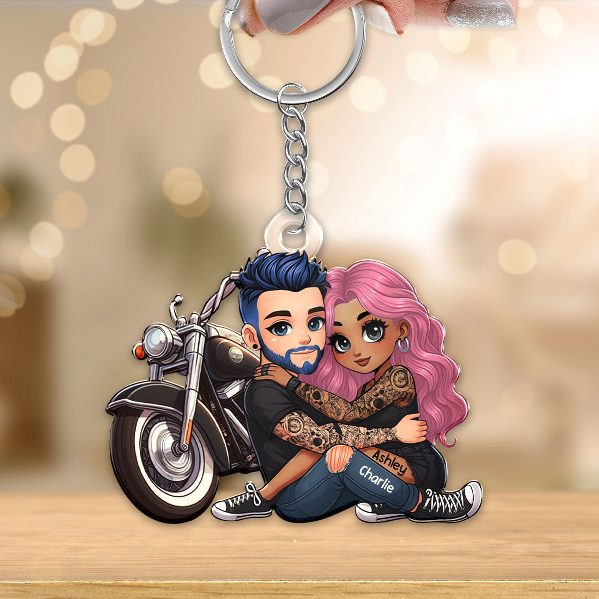 Biker 3D Cartoon Effect Couple Personalized Acrylic Keychain, Gift for her, Gift for him, Motorcycle Lovers
