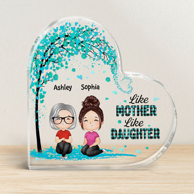 Teal Buffalo Plaid Pattern Doll Mom Daughter Watercolor Style Personalized Heart Acrylic Plaque