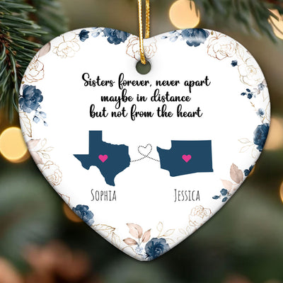 Sisters Forever Never Apart Personalized Ceramic Heart Ornament, Long Distance Togetherness Christmas Gift For Sisters, Siblings