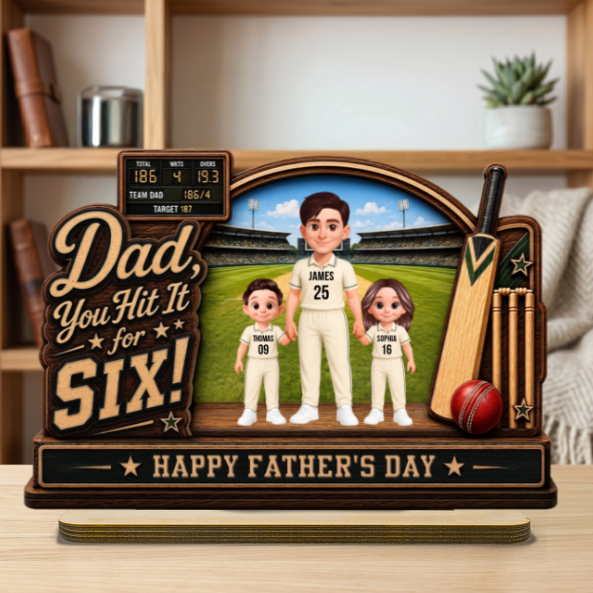 Hit A Six With The Best Dad Cricket Dad & Kids On Court - Personalised 2-Layered Wooden Plaque - Father's Day Gift For Husband, Dad