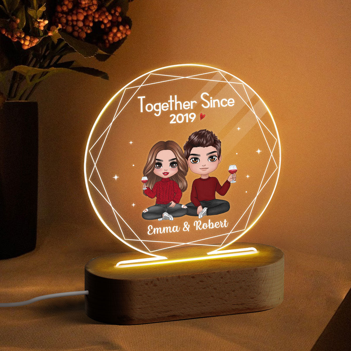 Hexagon Frame Doll Couple Sitting Personalized Circle Acrylic Plaque LED Lamp Night Light