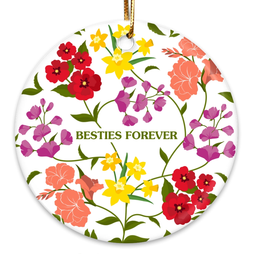 Custom Sisters Besties Birth Flower Bouquet Artwork Minimalist Personalized Circle Ceramic Ornament