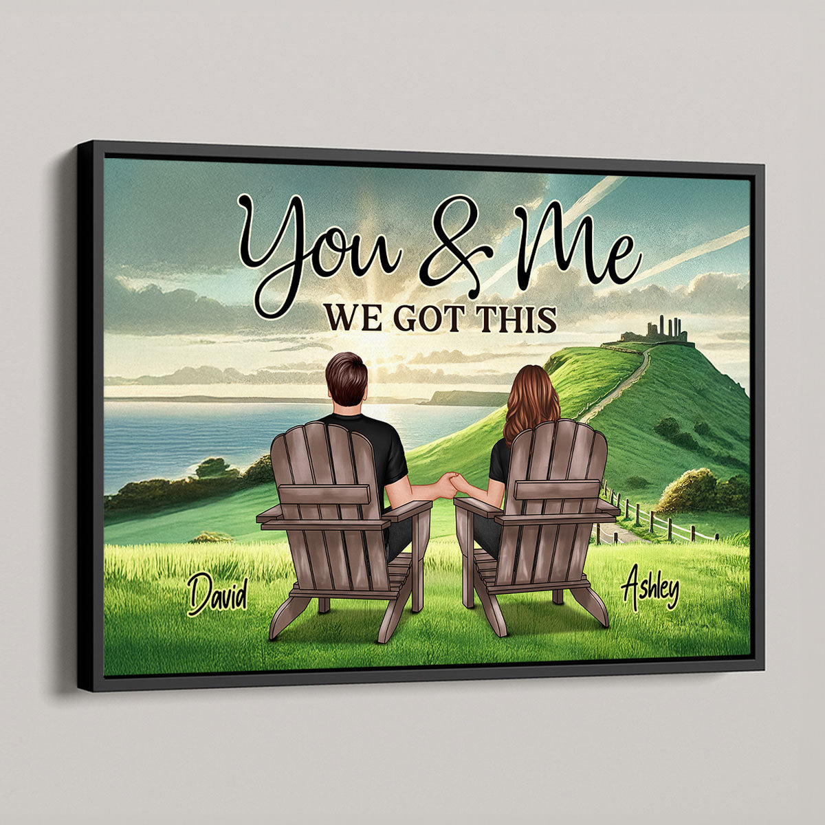 Back View Couple Sitting On Grass Hill Personalized Poster, Heartfelt Gift For Couple, For Him, For Her
