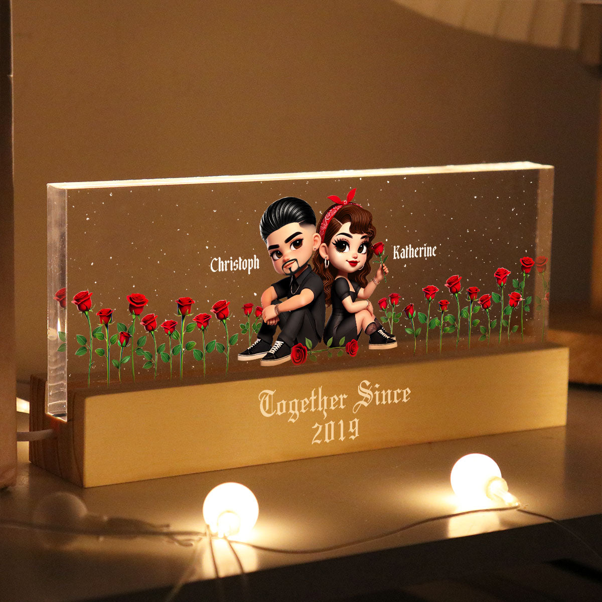 Pretty Couple Roses Heart Together Since Personalized Acrylic Block LED Night Light,  Gift, Anniversary Gift for Couples