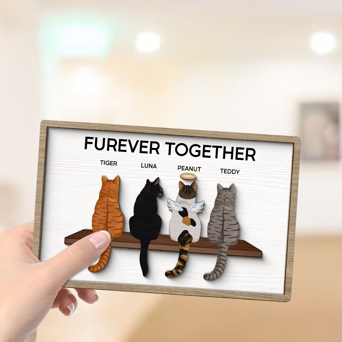 Furever Together Cat Portrait Prints Cats On A Shelf Personalized 2-Layer Wooden Plaque