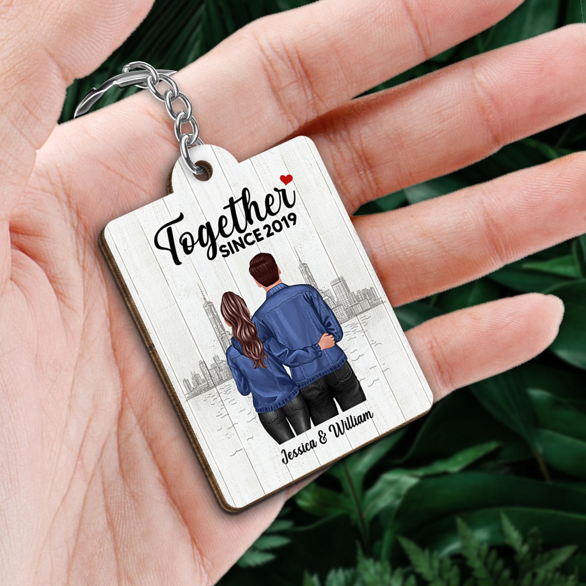 Denim Back View Couple Standing Hugging Favorite Song Scannable QR Code Personalized Wooden Keychain