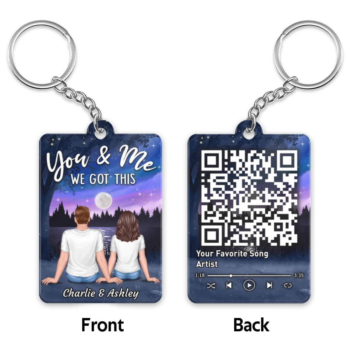 Doll Couple Sitting Lake Night Sky Favorite Song QR Code Personalized Acrylic Keychain