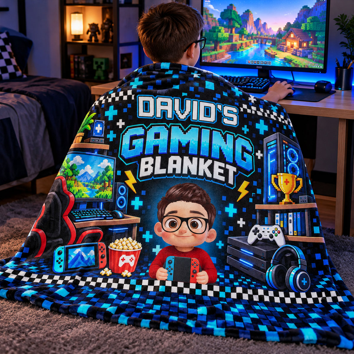 Custom Gamer Name - Personalized Fleece Blanket - Video Game Lover Gift For Son Grandson Teen Boy, Birthday Holiday Gift