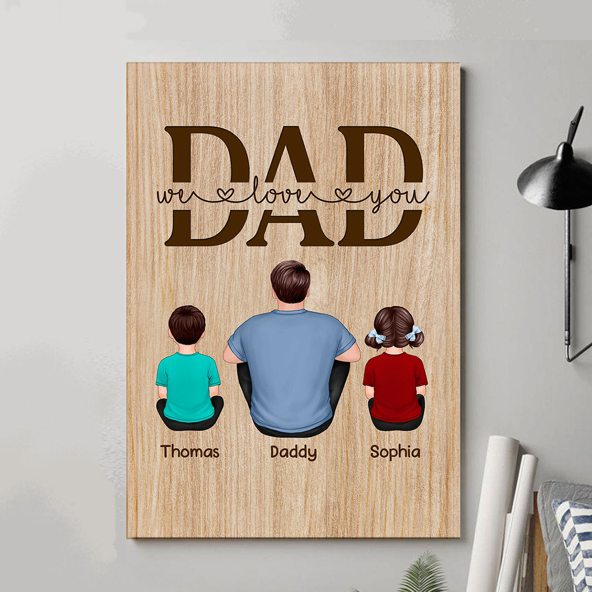 We Love You Back View Dad And Kids Dogs Cats Sitting Personalized Vertical Poster