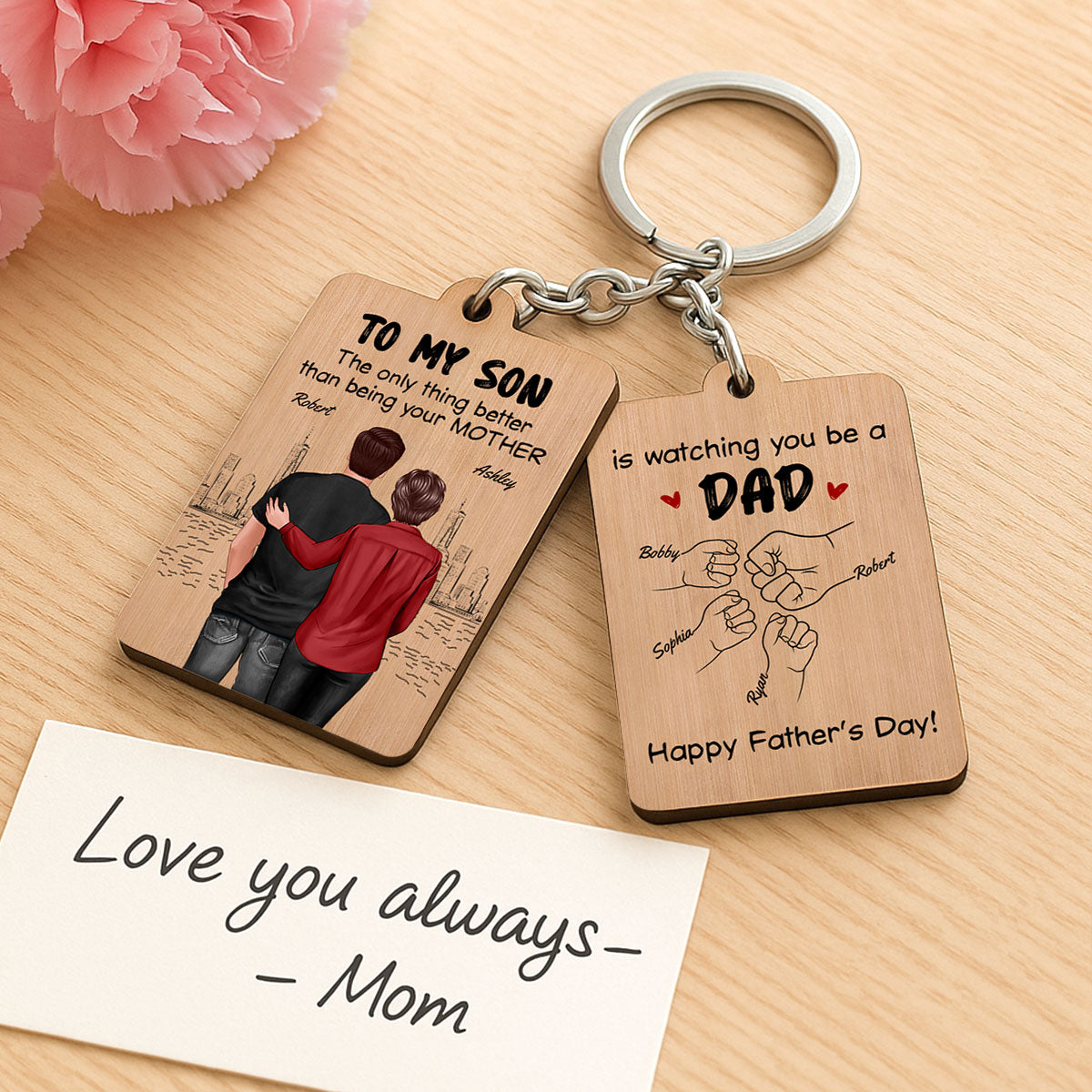 From Mom To Son Watching You Be A Dad Personalized Wooden Keychain, Gift For Son