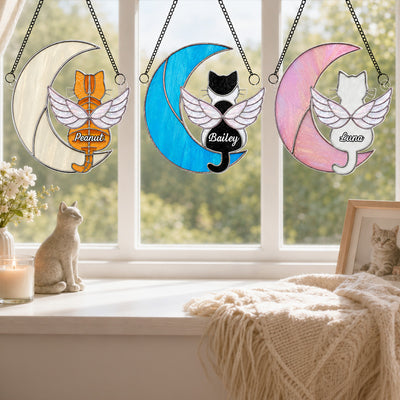 Cat Sitting On Moon Memorial Pet Loss - Personalized Acrylic Window Hanging - Pet Memorial Gift, Pet Loss Sympathy Gift