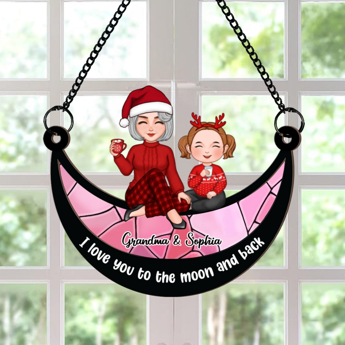 Grandma Grandkid On Moon Personalized Window Hanging Suncatcher Ornament, Christmas Gift For Granddaughter Grandson