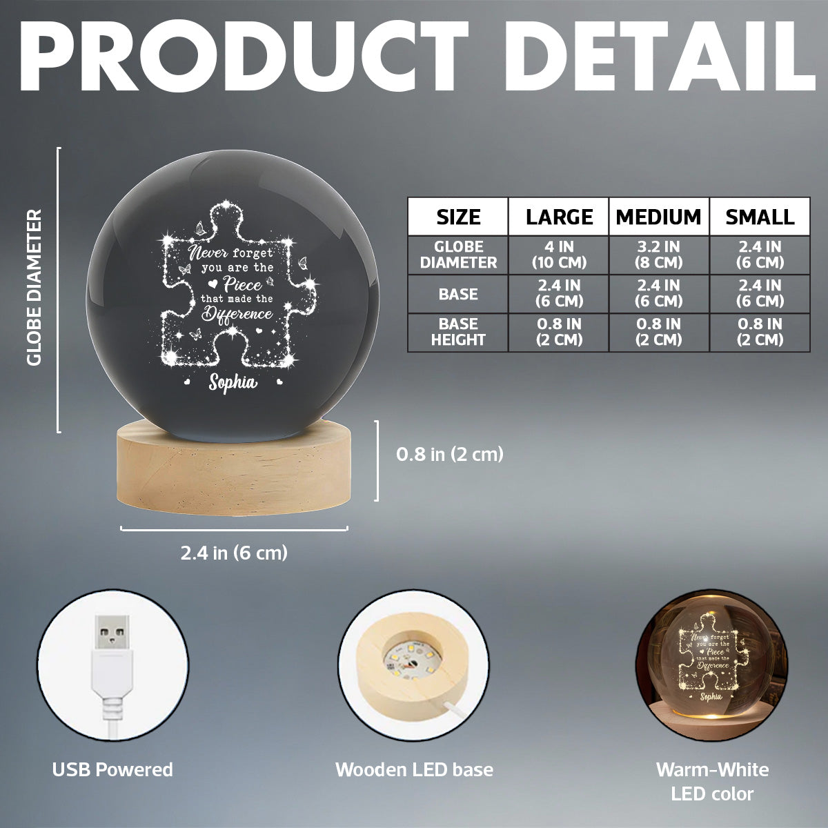 Never Forget The Difference You Make - Personalized Crystal Ball LED Night Light - Thank You Appreciation Gift for Coworker, Teacher, Employee Leaving Gift