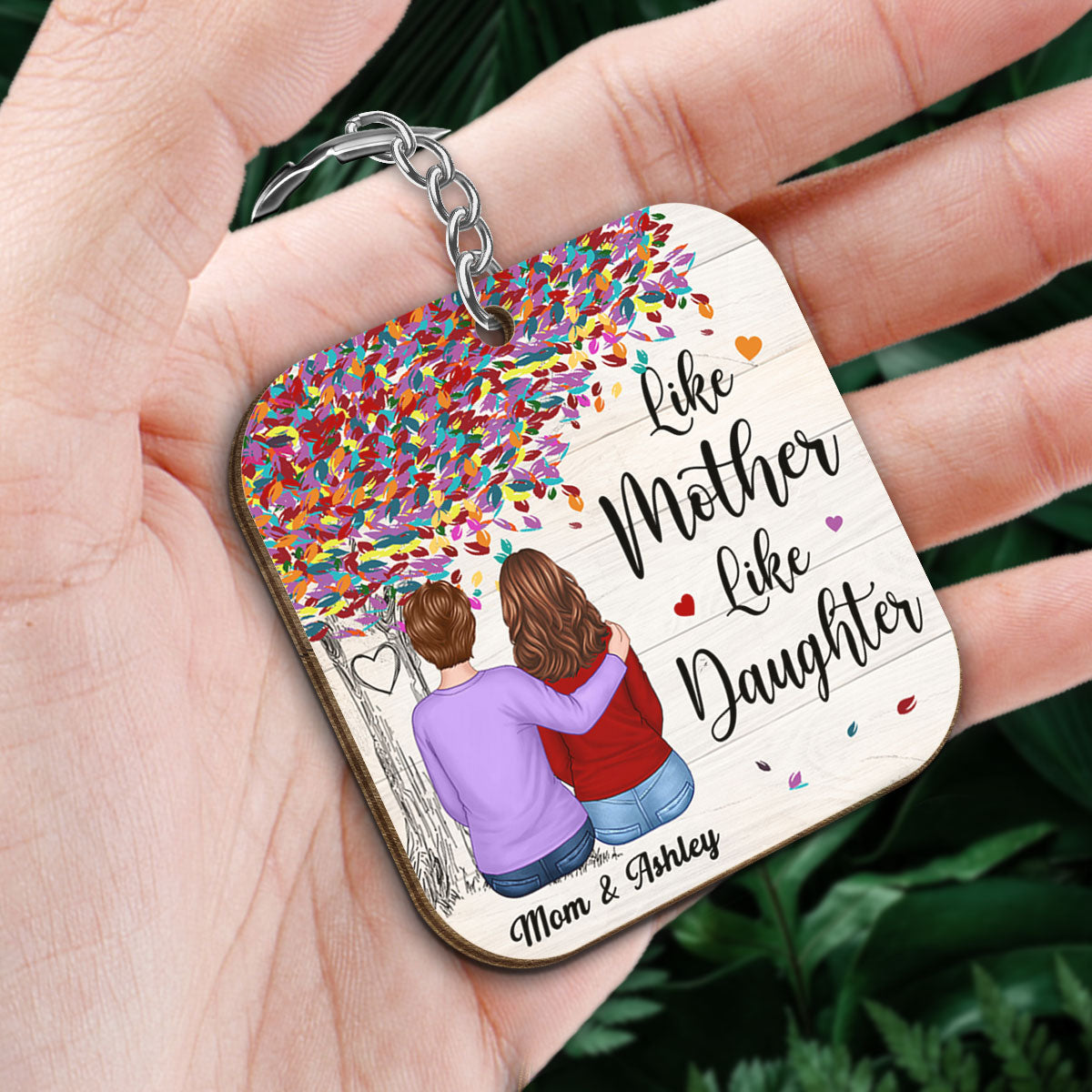 Colorful Tree Back View Mom Hugging Daughter Personalized Wooden Keychain