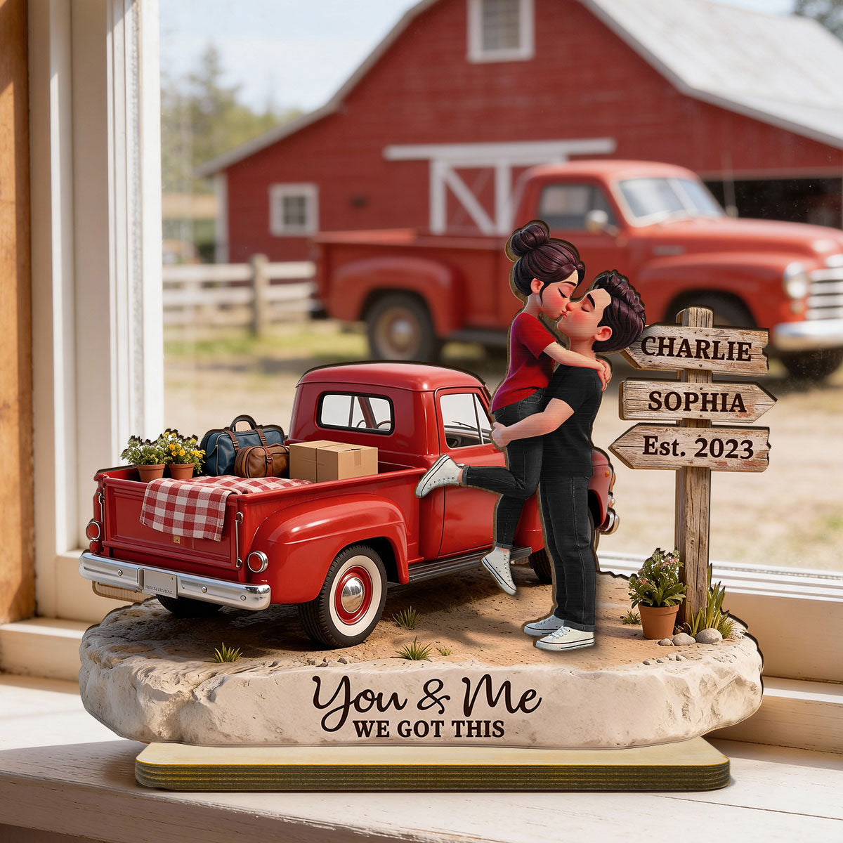 Romantic Couple Pickup Truck Sign Post - Personalized 2-Layered Wooden Plaque - Heartfelt Valentine's Day Gift For Couple, Farmhouse Decor