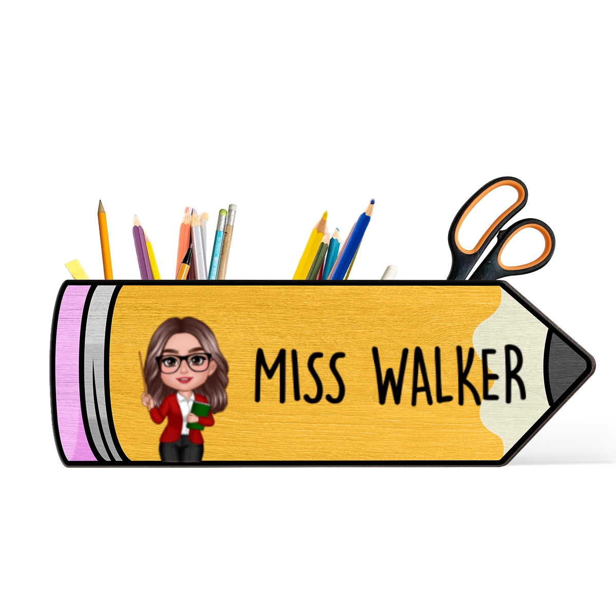 Happy Doll Teacher Personalized Wooden Pen Pencil Holder, Back To School Gift