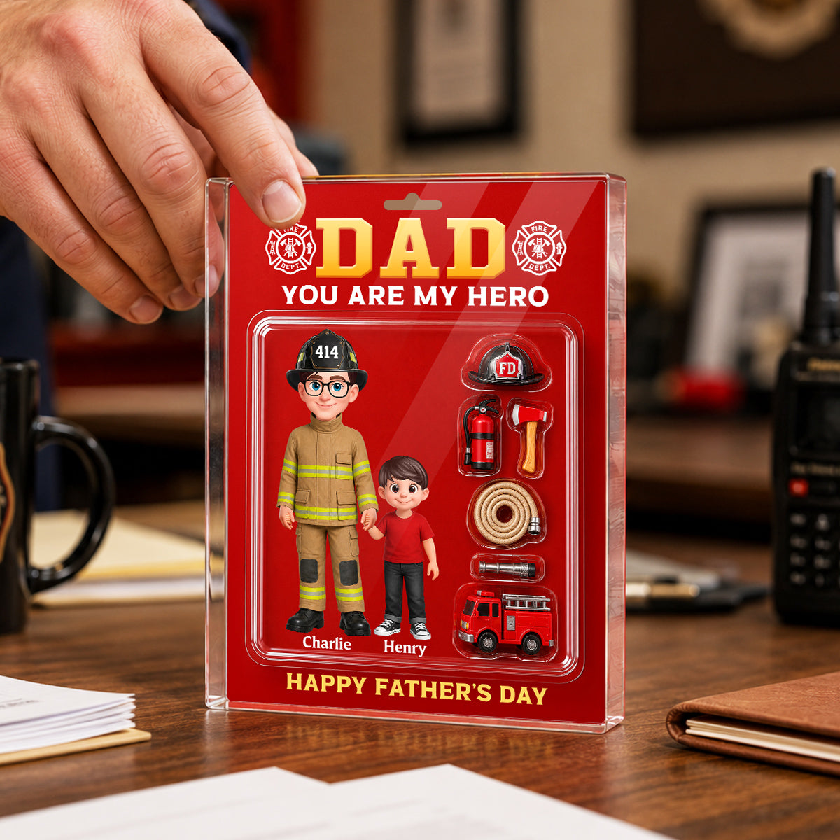 Proud Firefighter Dad You Are Our Hero Custom Figure Style - Personalized Acrylic Block Plaque - Father's Day Gift For Dad, Husband