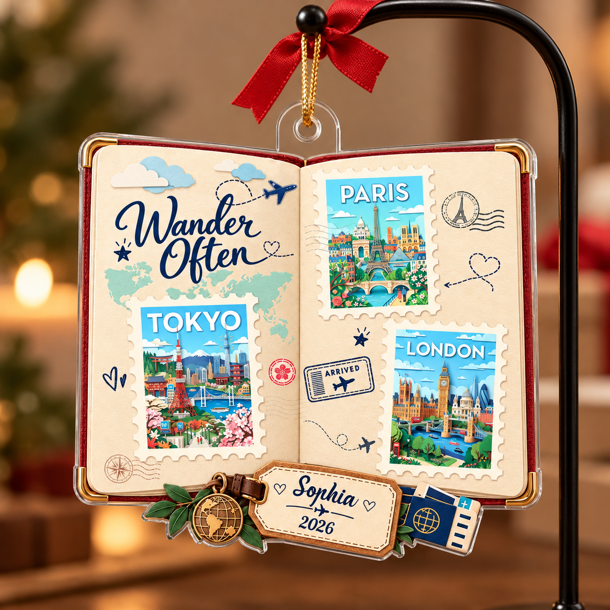 Travel Scrapbook Journal Stamps 2D Flat Printed - Personalized Acrylic Ornament - Traveling Destination Keepsake, Christmas Gift For Traveling Lovers
