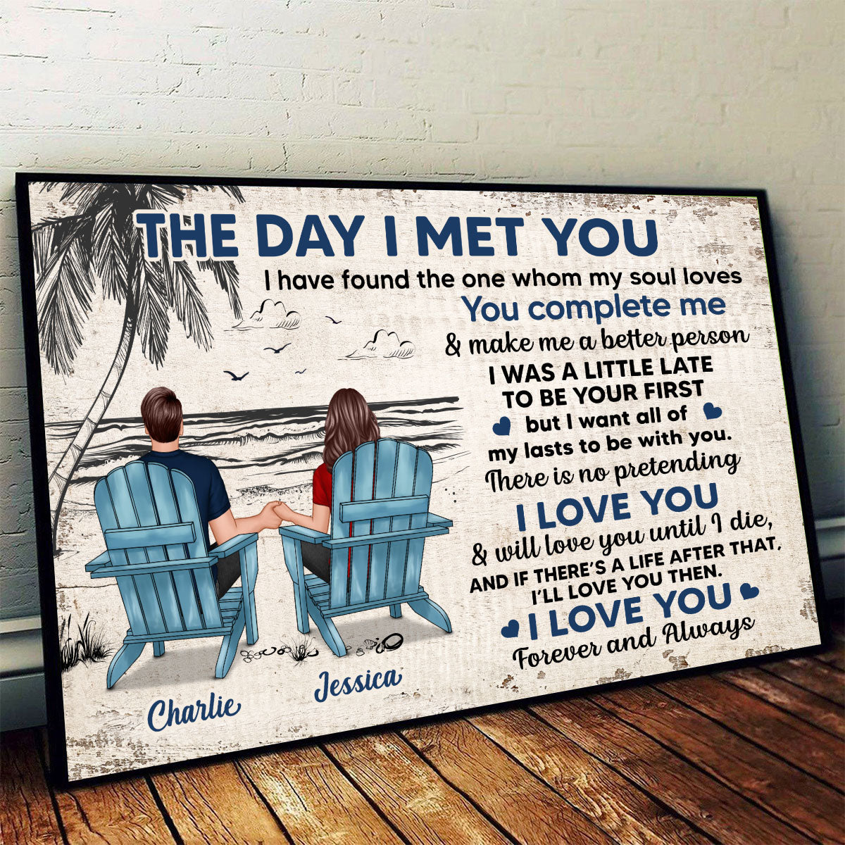 Couple Back View Beach Outline Sketch Personalized Horizontal Poster