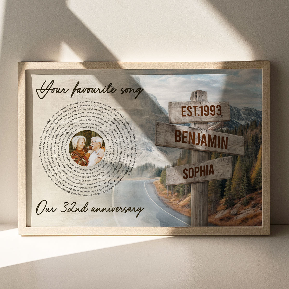 Vintage Signpost Mountain Landscape Song Lyrics Art Personalized Poster, Anniversary Valentine's Gift For Her, For Him