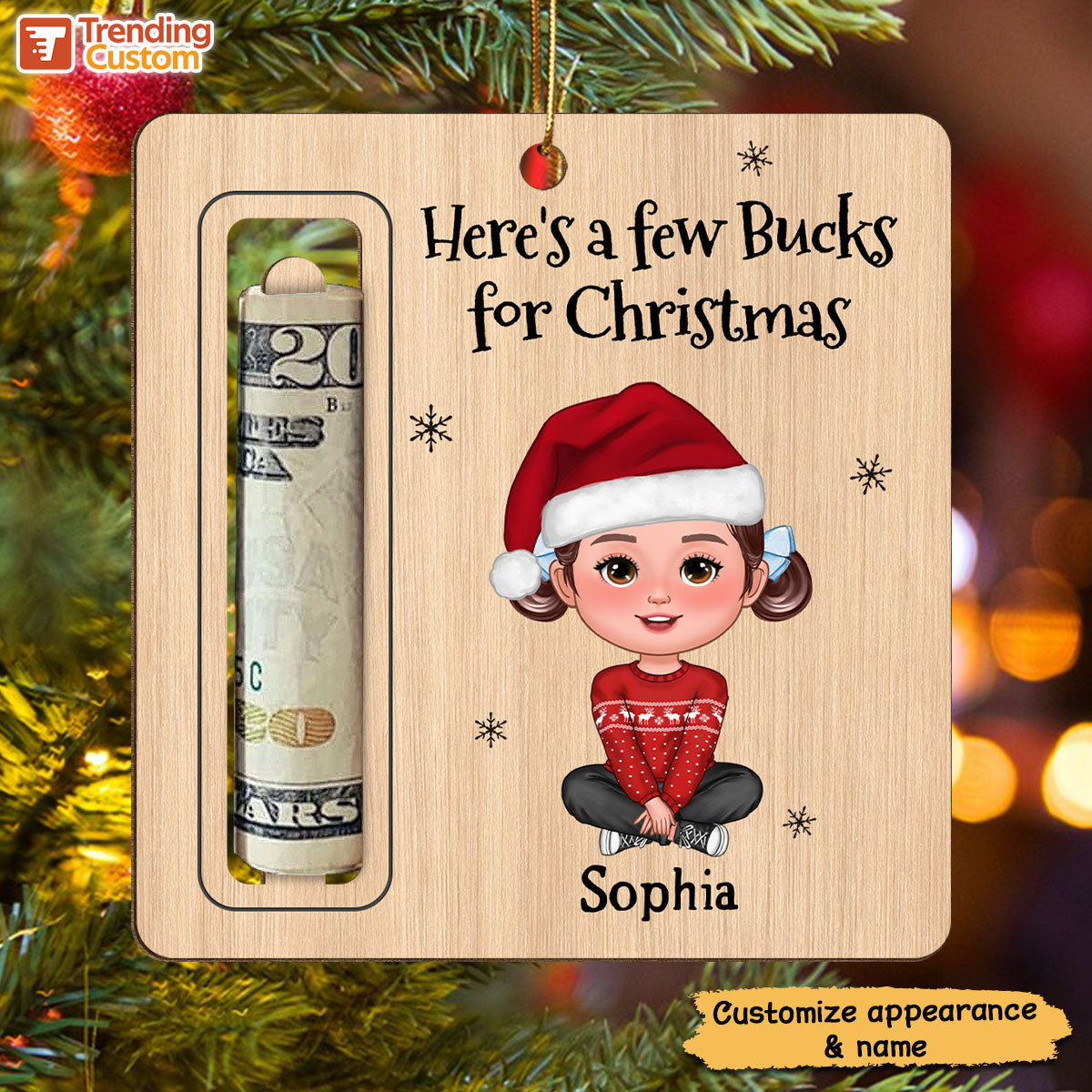 Here’s A Few Bucks for Christmas Cute Kid Personalized Holiday Money Holder Ornament