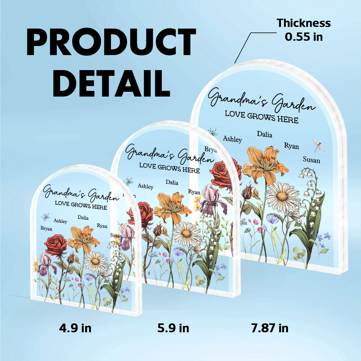 Grandma's Garden Vintage Birth Month Flowers Dome Shaped Personalized Acrylic Block Plaque, Gift For Mom, Gift For Grandma
