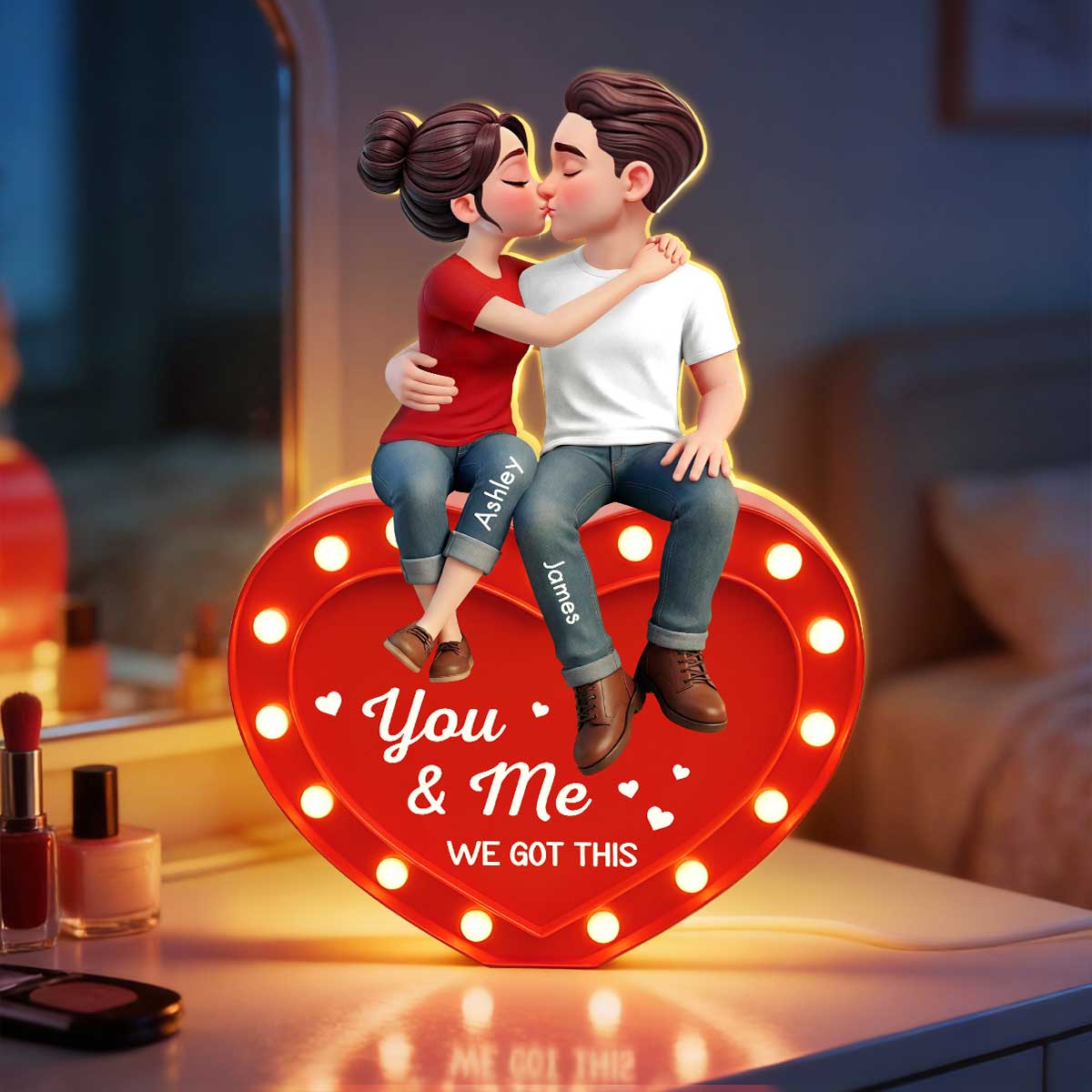 Everlasting Heart LOVE Couple Sitting Kissing - Personalized Light Box - Valentine's Day Gift For Couple, For Him, For Her