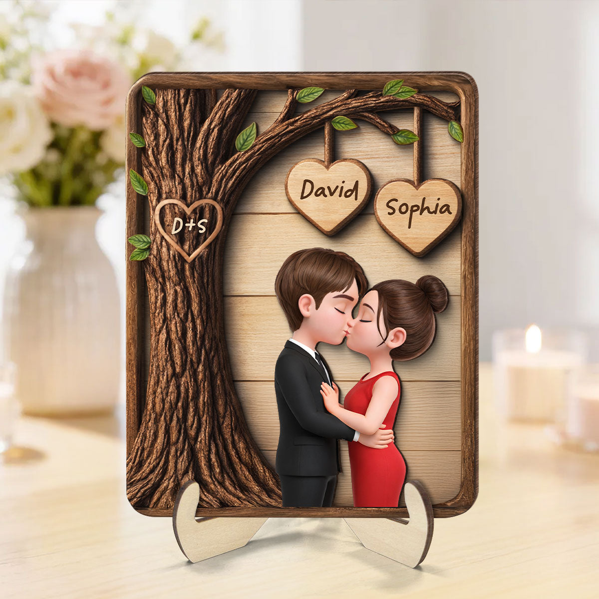 Couple Kissing Under Tree - Personalized 2-Layered Wooden Plaque - Sentimental Valentine's Day Gift for Her, for Him