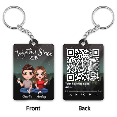Galaxy Night Doll Couple Sitting Favorite Song Scannable QR Code Personalized Acrylic Keychain