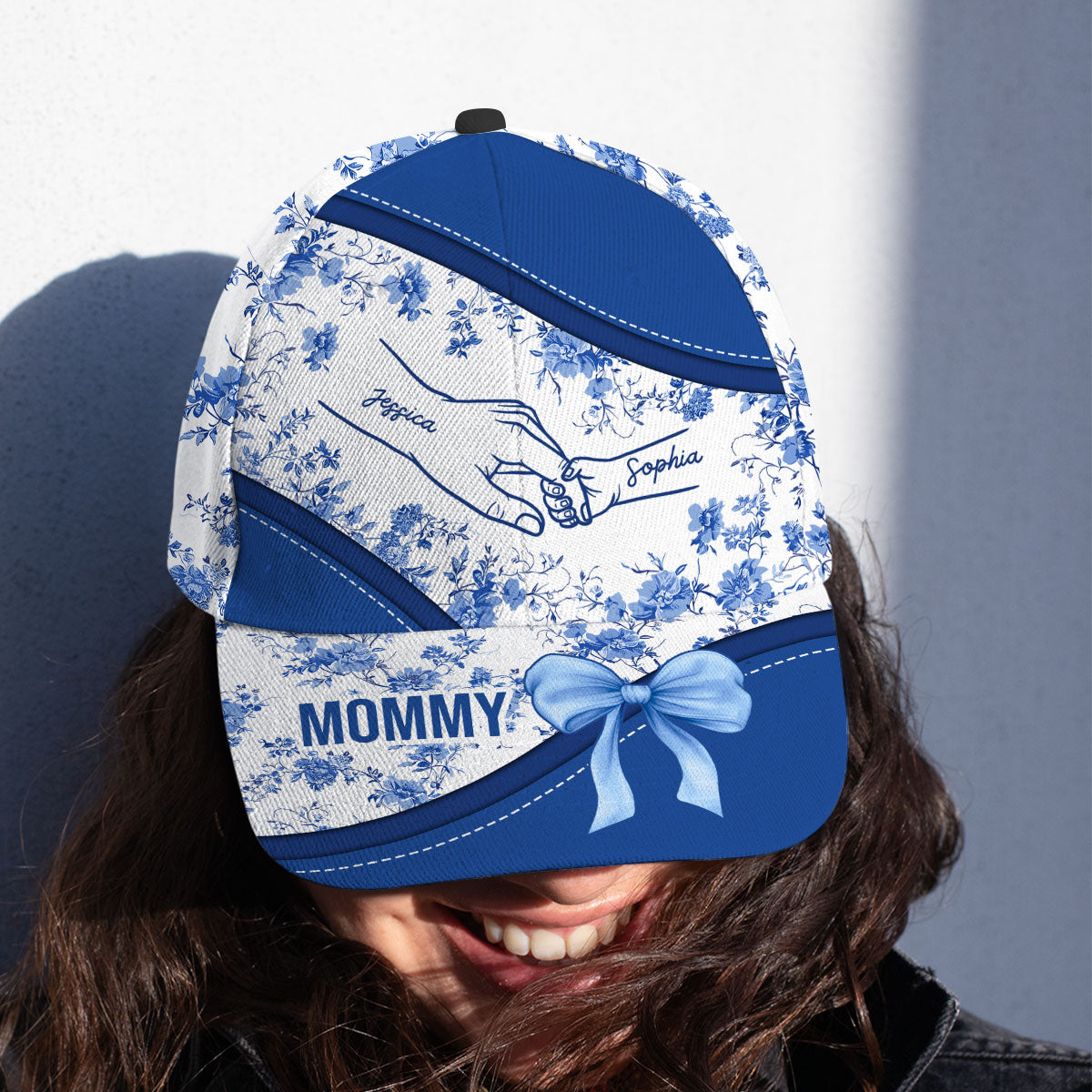Grandma Mom Kids Holding Hands Bow Coquette Chinoiserie Personalized Classic Cap, Mother's Day gift