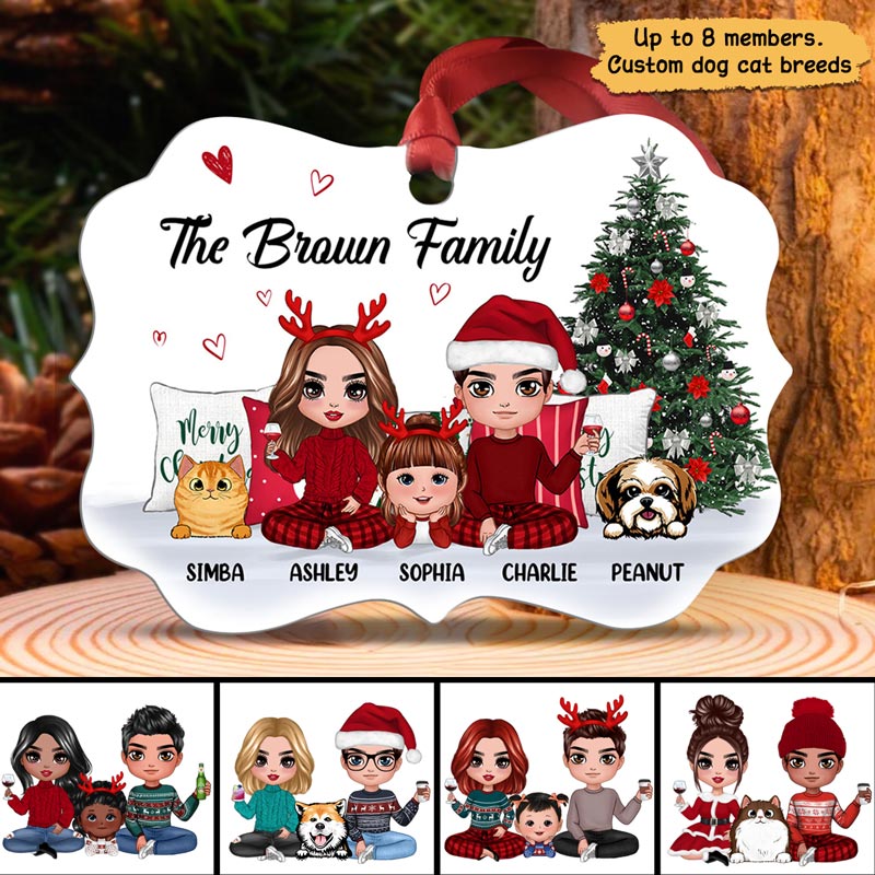 Family Dogs Cats Sitting Beside Christmas Tree Personalized Christmas Ornament