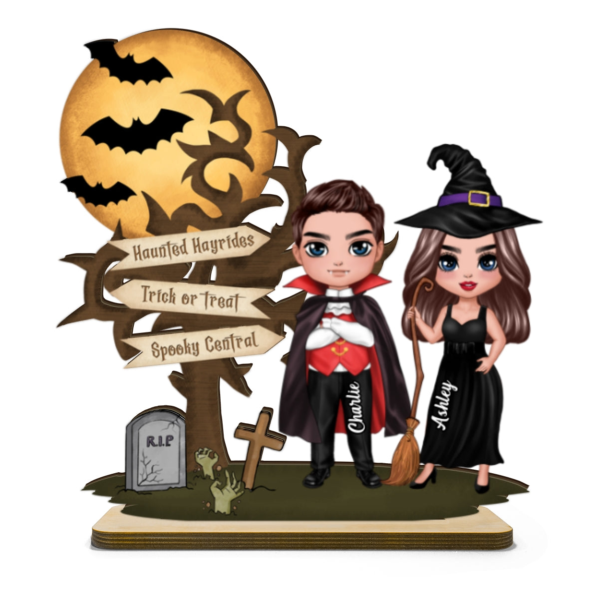Couple With Moon Bat Tree Halloween Tabletop Tiered Tray Decor Personalized 2-Layer Standing Wooden Plaque