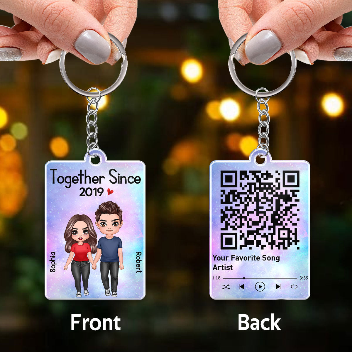 Standing Doll Couple Together Since Favorite Song Scannable QR Code Personalized Acrylic Keychain
