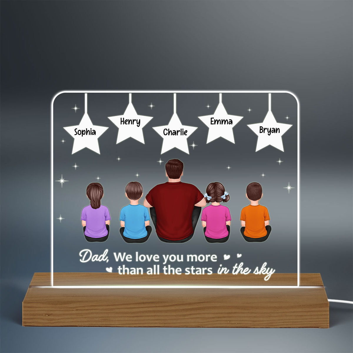 Best Dad Ever Back View Man Kids Dog Cat Sitting Under Stars Personalized Custom Shape Acrylic Plaque Warm LED Night Light