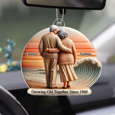 3D Effect Old Couple Walking Sunset Beach Landscape Personalized Car Hanger Ornament, Heartfelt Gift For Couple, For Him, For Her, Husband, Wife