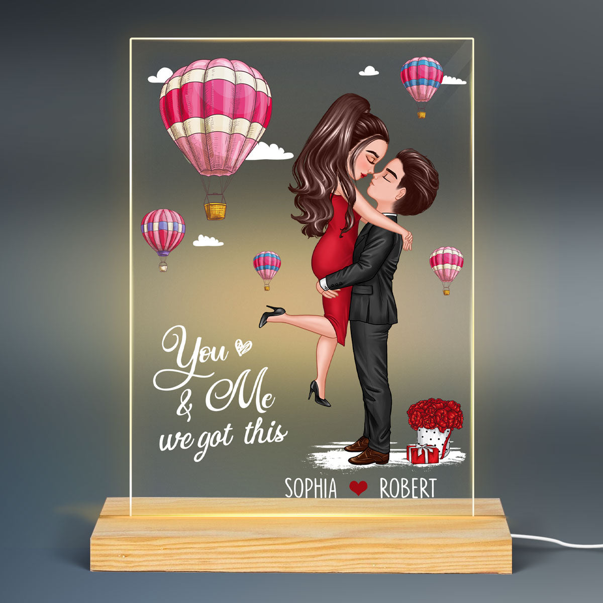 Doll Couple Kissing Hugging Air Balloons Personalized Plaque LED Night Light - Gift For Him Gift For Her