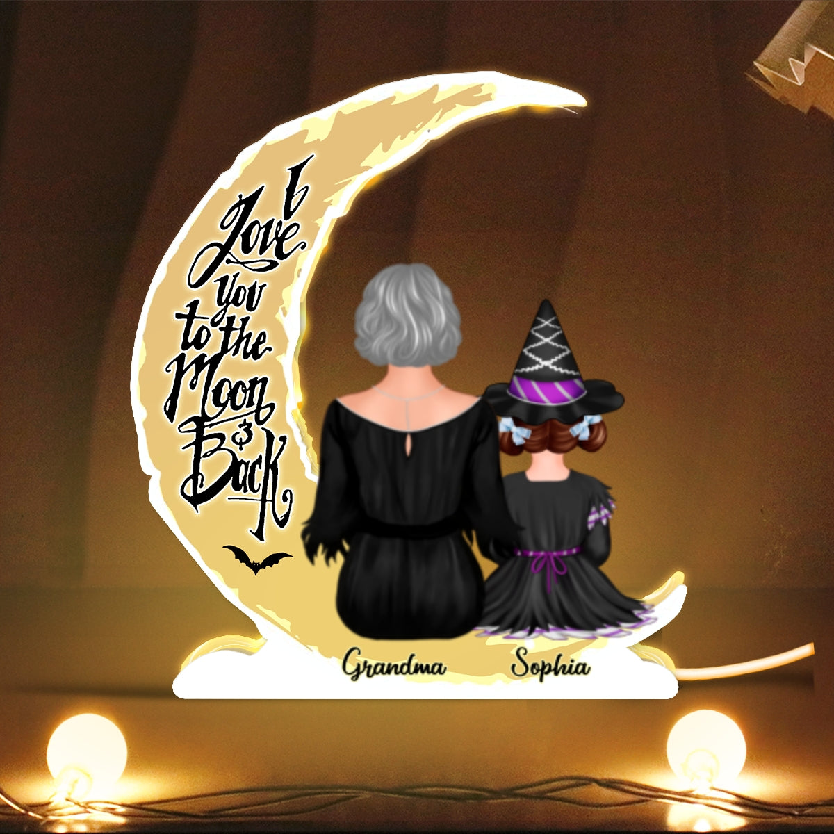 Grandma Grandkids On Moon Back View Halloween Personalized Light Box, Halloween Indoor Decor for Grandma