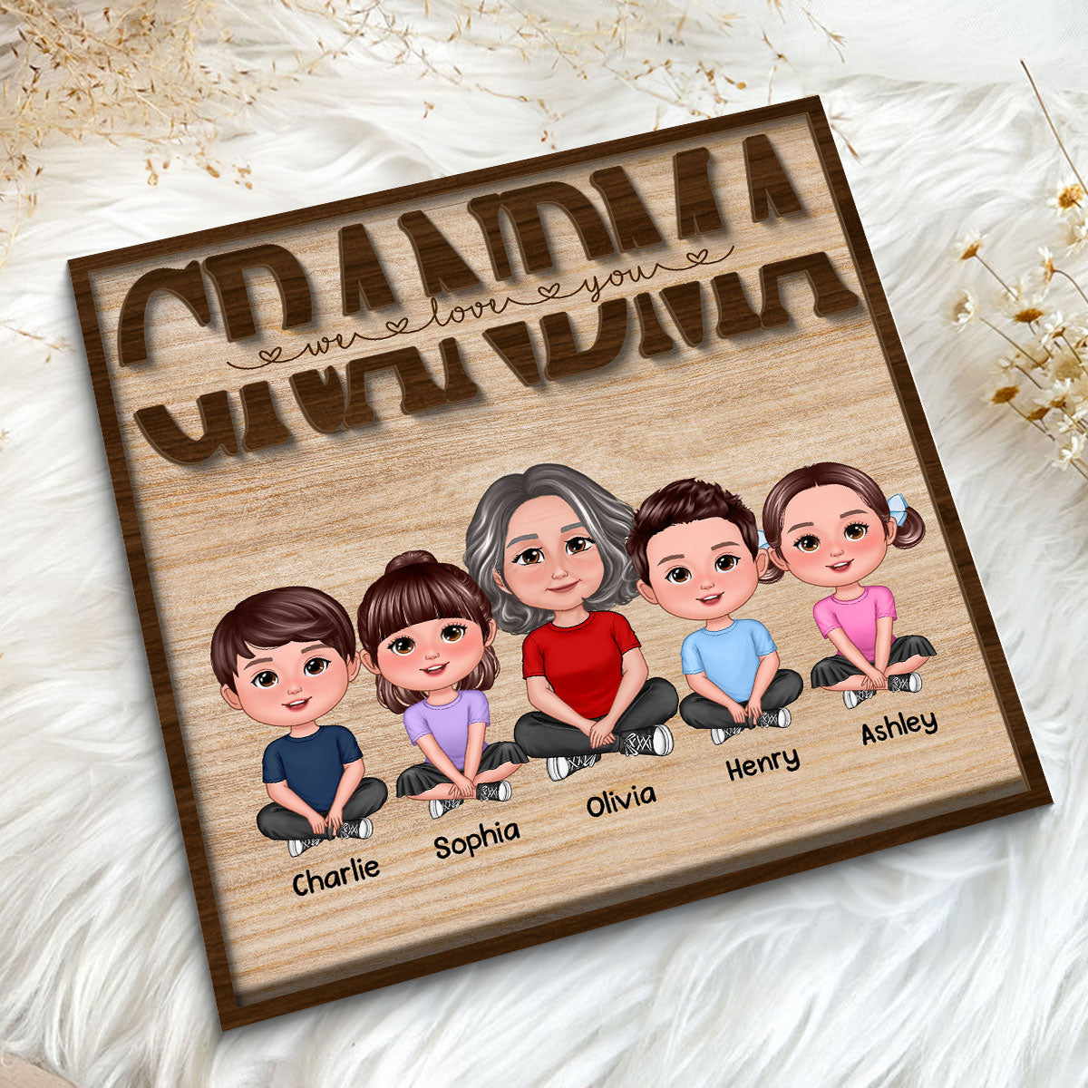 We Love You Grandma Mom Auntie Kids Sitting Mother‘s Day Gift Personalized 2-Layer Wooden Plaque